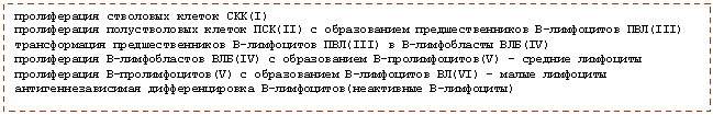 Подпись: пролиферация стволовых клеток СКК(I)
пролиферация полустволовых клеток ПСК(II) с образованием предшественников В-лимфоцитов ПВЛ(III)
трансформация предшественников В-лимфоцитов ПВЛ(III) в В-лимфобласты ВЛБ(IV)
пролиферация В-лимфобластов ВЛБ(IV) с образованием В-пролимфоцитов(V) - средние лимфоциты
пролиферация В-пролимфоцитов(V) с образованием В-лимфоцитов ВЛ(VI) - малые лимфоциты
антигеннезависимая дифференцировка В-лимфоцитов(неактивные В-лимфоциты)
